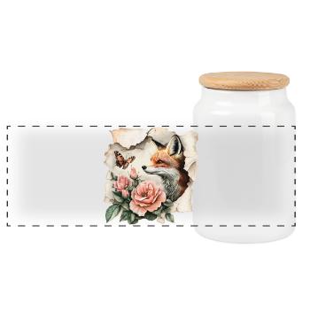 Fox with Butterfly - Panoramic Cookie Jar with Wooden Lid - white - Front