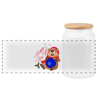 New Year's capybara - Panoramic Cookie Jar with Wooden Lid - white - Front