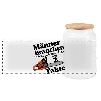 Motorsäge - Männer brauchen zwei Takte Chainsaw - Panorama Keksdose mit Holzdeckel - Weiß - Vorne