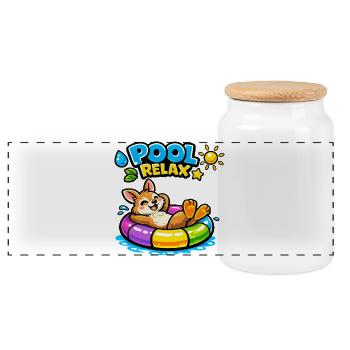 Pool Relax: Cheerful Corgi in a rubber dinghy - Panoramic Cookie Jar with Wooden Lid - white - Front
