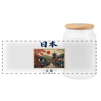 Japan Kyoto Vintage Reisemarke - Panorama Keksdose mit Holzdeckel - Weiß - Vorne