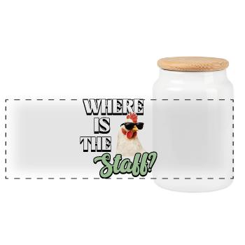 Funny chickens in the garden - Where is the staff? - Panoramic Cookie Jar with Wooden Lid - white - Front