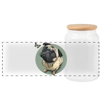 Pug with butterfly - Panoramic Cookie Jar with Wooden Lid - white - Front