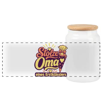 Stolze Oma eines Erstklässlers, 1. Klasse Einschul - Panoramic Cookie Jar with Wooden Lid - white - Front