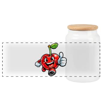 Cherry thumbs up - Panoramic Cookie Jar with Wooden Lid - white - Front