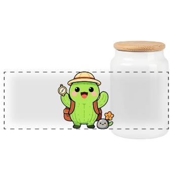 Cactus explorateur avec sac à dos - Boîte à biscuits avec couvercle en bois - blanc - Devant