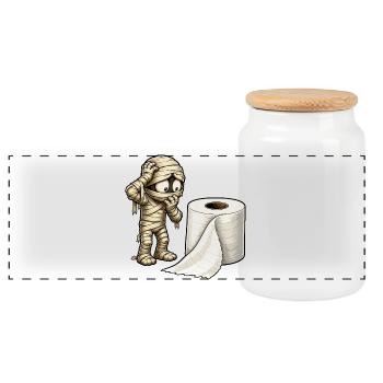 Mummy and Toilet Paper Cartoon - Panoramic Cookie Jar with Wooden Lid - white - Front