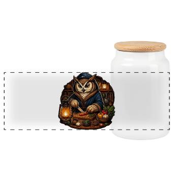 Owl chef in a hoodie cutting - Panoramic Cookie Jar with Wooden Lid - white - Front