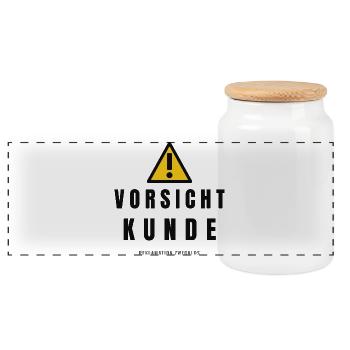 Vorsicht Kunde Warnhinweis - Panorama Keksdose mit Holzdeckel - Weiß - Vorne