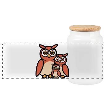Owl family - Panoramic Cookie Jar with Wooden Lid - white - Front