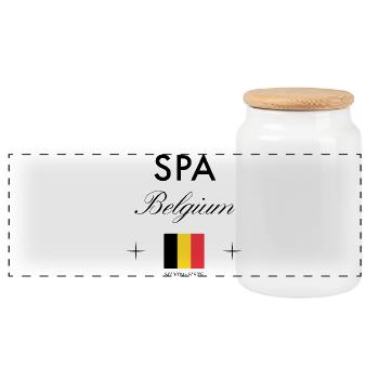 Spa Belgium Coordinates Travel Souvenir - Panoramic Cookie Jar with Wooden Lid - white - Front