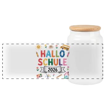 Hallo Schule 2026 Einschulung Schulkind Geschenk - Panorama Keksdose mit Holzdeckel - Weiß - Vorne