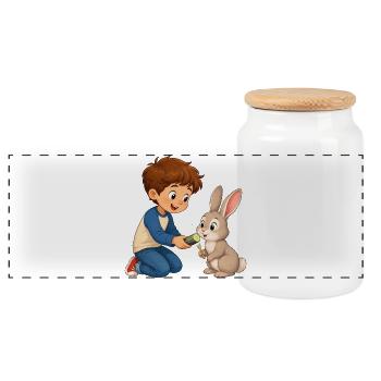 Kaninchen bekommt Gurke vom fröhlichen Jungen - Panorama Keksdose mit Holzdeckel - Weiß - Vorne