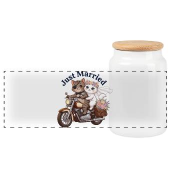 Just Married Katzen auf Motorrad - Panorama Keksdose mit Holzdeckel - Weiß - Vorne