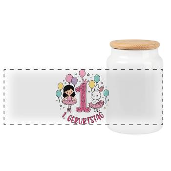 Erster Geburtstag Prinzessin Häschen - Panorama Keksdose mit Holzdeckel - Weiß - Vorne