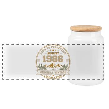 August 1986 Original Birthday Vintage Mountain - Panorama Keksdose mit Holzdeckel - Weiß - Vorne