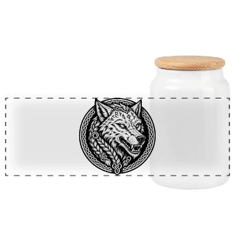 Norse Fenrir Wolf - Viking Runes - Panoramic Cookie Jar with Wooden Lid - white - Front