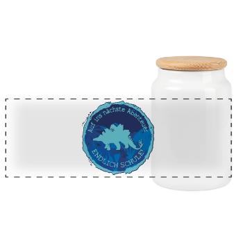 Stegosaurus Dino Abenteuer Emblem – Endlich Schule - Panorama Keksdose mit Holzdeckel - Weiß - Vorne