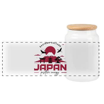 Japan Culture: Fuji & Positive Energy - Panoramic Cookie Jar with Wooden Lid - white - Front