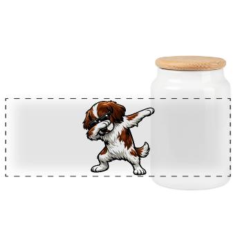 Dabbing French Spaniel - Panoramic Cookie Jar with Wooden Lid - white - Front
