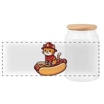 Firefighter cat on a hot dog - Panoramic Cookie Jar with Wooden Lid - white - Front
