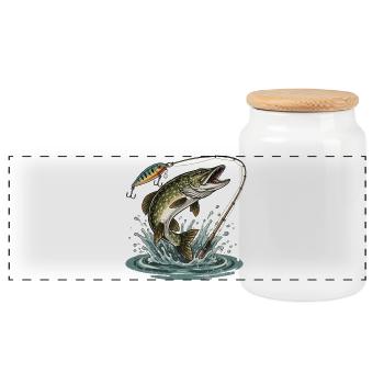 FISHING. WAIT. CATCH. - Panoramic Cookie Jar with Wooden Lid - white - Front