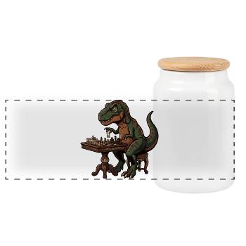 T-Rex plays chess - Panoramic Cookie Jar with Wooden Lid - white - Front