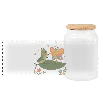Caterpillar and butterfly dancing - Panoramic Cookie Jar with Wooden Lid - white - Front