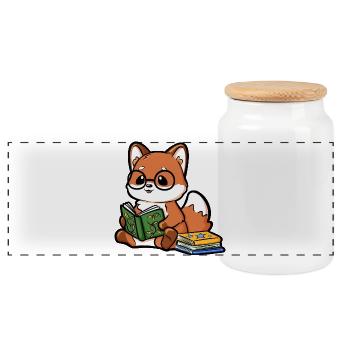 Reading fox with glasses and books - Panoramic Cookie Jar with Wooden Lid - white - Front
