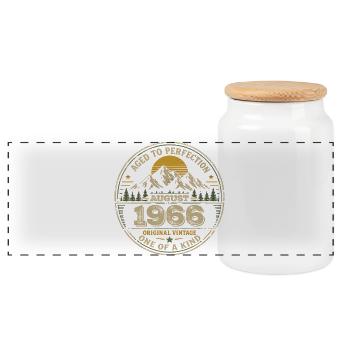 Vintage 1966 August 1966 Birthday Gift - Panoramic Cookie Jar with Wooden Lid - white - Front