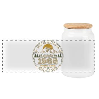 1968 August Birthday Gift Vintage 1968 - Panoramic Cookie Jar with Wooden Lid - white - Front