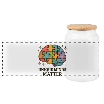 Colorful Brain Puzzle: Unique Minds - Panoramic Cookie Jar with Wooden Lid - white - Front