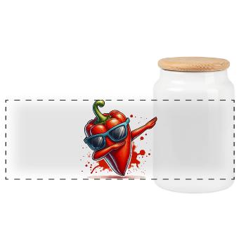 Bunte dabbende rote Paprika mit Sonnenbrille - Panorama Keksdose mit Holzdeckel - Weiß - Vorne
