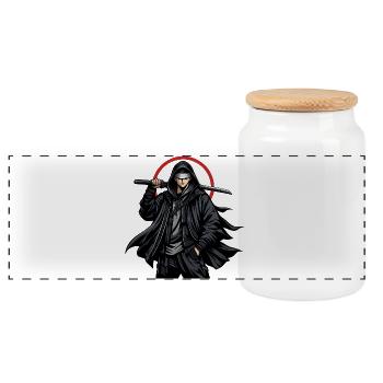 Schwarzer Ninja mit Klinge - Panorama Keksdose mit Holzdeckel - Weiß - Vorne