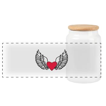 Heart and Wings - Panoramic Cookie Jar with Wooden Lid - white - Front