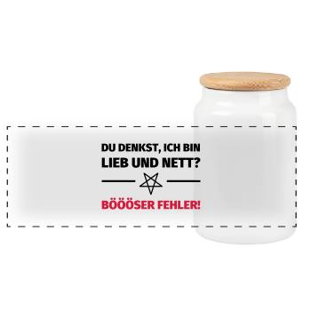 Du denkst, ich bin lieb und nett? Böööser Fehler! - Panorama Keksdose mit Holzdeckel - Weiß - Vorne