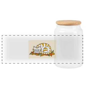 Schlafendes Kätzchen auf Herbstlaub / Poster - Panorama Keksdose mit Holzdeckel - Weiß - Vorne