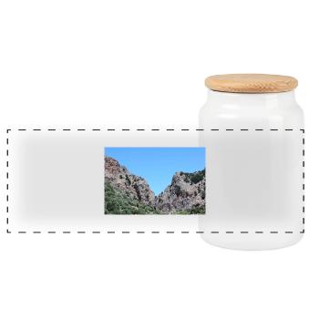 Mountain Mountains Mountain Landscape Poster - Panoramic Cookie Jar with Wooden Lid - white - Front