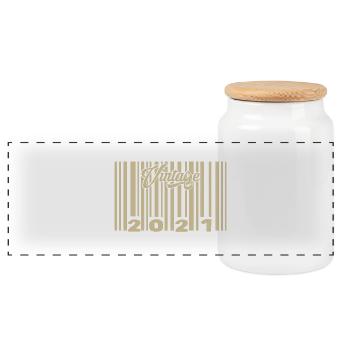 Jahrgang 2021 Barcode 2021: Jahr 2025. - Panorama Keksdose mit Holzdeckel - Weiß - Vorne