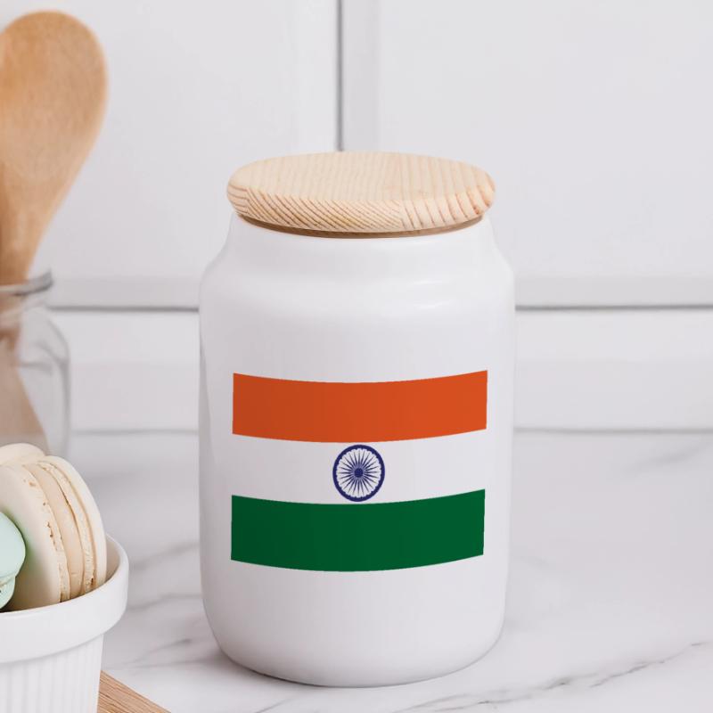 India Panoramic Cookie Jar with Wooden Lid