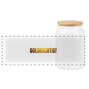 goldene Schrift GOLDRICHTIG! - Panorama Keksdose mit Holzdeckel - Weiß - Vorne