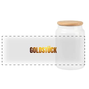 goldene Schrift GOLDSTÜCK - Panorama Keksdose mit Holzdeckel - Weiß - Vorne