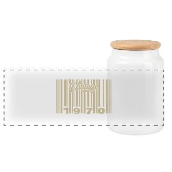 vintage 1970 Code barre 1970: Année 2025. - Boîte à biscuits avec couvercle en bois - blanc - Devant
