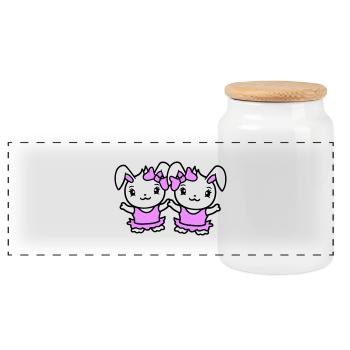 2 Bunnies Girl Pretty Bow Woman Bunny Small - Panoramic Cookie Jar with Wooden Lid - white - Front