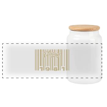 Jahrgang 1981 Barcode 1981: Jahr 2025. - Panorama Keksdose mit Holzdeckel - Weiß - Vorne