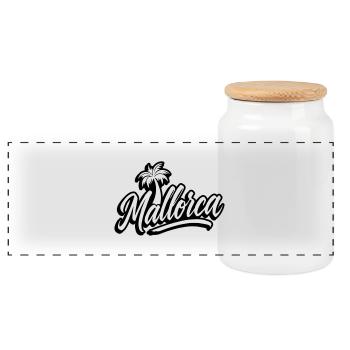 Mallorca lettering palm trees - Panoramic Cookie Jar with Wooden Lid - white - Front