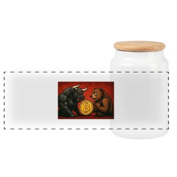 Bitcoin Bull vs. Bear - Panorama Keksdose mit Holzdeckel - Weiß - Vorne