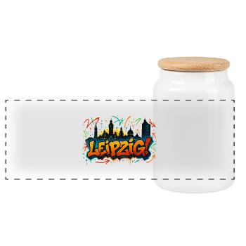 Graffiti Leipzig Skyline - Panorama Keksdose mit Holzdeckel - Weiß - Vorne