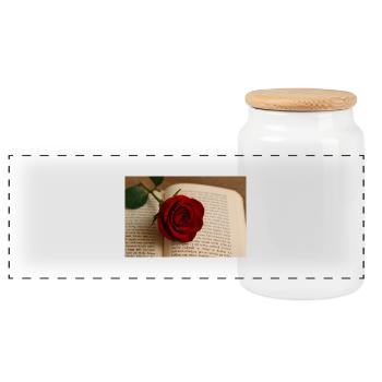 Book and rose - Panoramic Cookie Jar with Wooden Lid - white - Front
