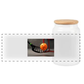 Sport - Floorball, stick and ball - Panoramic Cookie Jar with Wooden Lid - white - Front